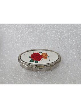 Vintage Oval Metal Pill Box Floral Design Lid Hinged Closure Compact Rose Motif